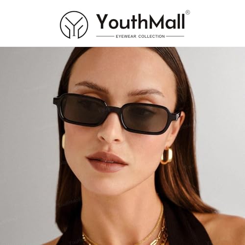 Retro Rectangular Sunglasses for Women Men Trendy Small Square Sun Glasses 90s Vintage Shades (Black/Grey)3