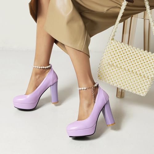 UniqueStride Womens Block High Heel Pumps Platform Chunky Heel Round Toe Ankle Strap Elegant Bow Dress Shoes4