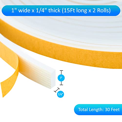 High Density Foam Weather Stripping Door Seal Strip Insulation Tape Roll For Insulating Door Frame, Window, Air Conditioner | Self Adhesive Sealing Weatherstrip (White, 1 In X 1/4 In X 30 Ft) #TOP1