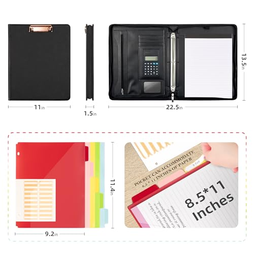 Image of Ospelelf Zippered Padfolio Portfolio Folder, Leather Clipboard with Storage, 3 Ring Binder 1 Inch,12.1 inch Tablet Sleeve, 5 Dividers with Pocket, Refillable Notepad, Card Slot (Classic Black)