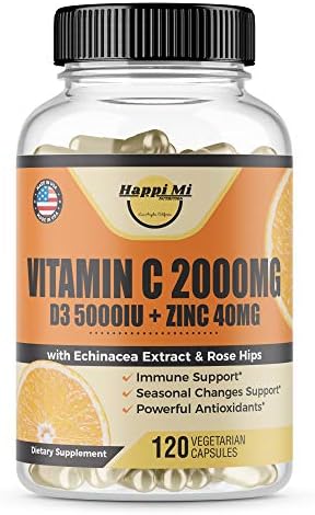 Happi Mi Nutrition Vitamin C 2000MG, Zinc 40 mg, Vitamin D3 5000 IU, Echinacea Extract, Rose Hip, Immune Support for Adults & Kids, Immune Booster,120 Vegan Caps, 60 Day Supply, Non GMO, No Filler