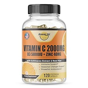 Happi Mi Nutrition Vitamin C 2000MG, Zinc 40 mg, Vitamin D3 5000 IU, Echinacea Extract, Rose Hip, Immune Support for Adults & Kids, Immune Booster,120 Vegan Caps, 60 Day Supply, Non GMO, No Filler