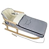 kombi kinderwagen mit maxi cosi babyschale Holzschlitten aus Buchenholz, naturlackiert, Metallkufen, Bockstützen & Zugeisen pulverbeschichtet mit Rückenlehne (abnehmbar) und Zugseil