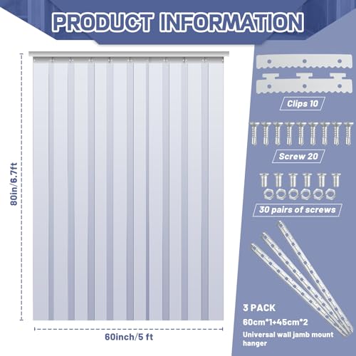Image of Juexica 60 x 80 Inch Plastic Strip Door Curtain Kit 0.08'' Walk in Cooler Curtains Thickness PVC Freezer Door Curtain Smooth Waterproof Hurricane Shutters Gate for Warehouse Garage Industry(Clear)