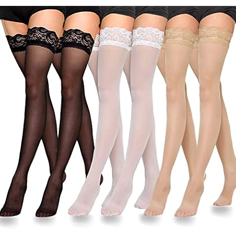 Magicor 6 Pairs Women Bow Lace Thigh High Stockings Silicone Top Tights Silky Socks (Large, Black White Nude) Cover