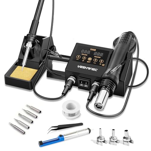 YEEHONEC 600W 2 in 1 Soldering Station Soldering Iron + Hot Air Gun LED Display Adjustable Temp 100500C (C/F) Temp Calibration & Sleep Mode Professional Electronics Repair Kit [UK Stock]
