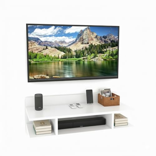 Image of Engineered Wood Set Top Box Stand | Wall Mounted TV Unit Shelf for Router, WiFi, DVD, Gaming Console | Sturdy & Space Saving TV Accessory Organizer (Brown, 50 x 20 x 15 cm) (White)