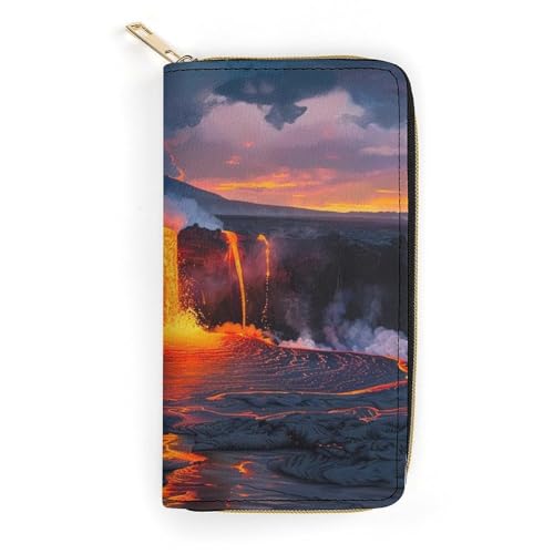 Kilauea Volcano Print Long Wallet for Women Men PU Leather Card Holder Organizer with Zipper Coin Pocket & Cash Slots