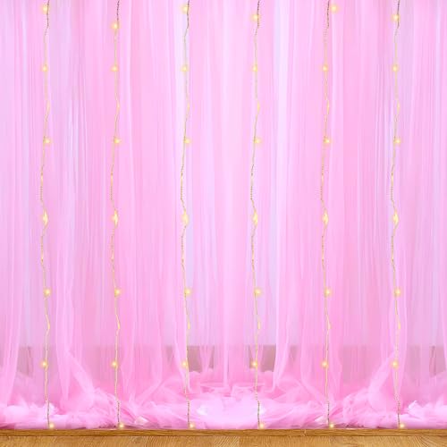 Image of 1iAM 3pcs Pink Decoration Net Light Combo - 2pcs Large, Stitched with Ribbon, Nylon Made, Reusable, Soft, Wrinkled Free, 8.5x5ft Each, Backdrop Decor Net & 1pc 11m Rice Light for Any Party or Event