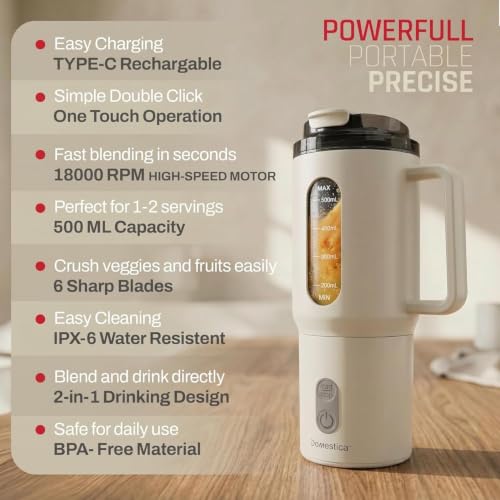 Image of Domestica Blendo Portable Blender for Smoothie and Juices | Portable Juicer Mixer Blender for Fruits with 6-Blade Ice Crushing, 18000 RPM Motor | Compact Mixer Grinder | BPA-Free 500ml