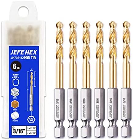 JEFE HEX 6-Piece 3/16" Twist Drill Bits HSS Hex Shank Drill Bit, 135 Degree Easy Cut Split Point for Drilling in Steel, Copper, Aluminum, Zinc Alloy, Wood, Plastic, Quick Change Design.