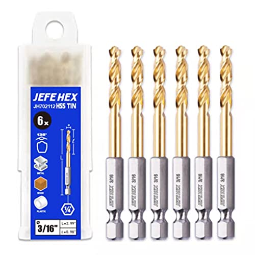 Jefe Hex 6-Piece 3/16" Twist Drill Bits Hss Hex Shank Drill Bit, 135 Degree Easy Cut Split Point For Drilling In Steel, Copper, Aluminum, Zinc Alloy, Wood, Plastic, Quick Change Design. #TOP21