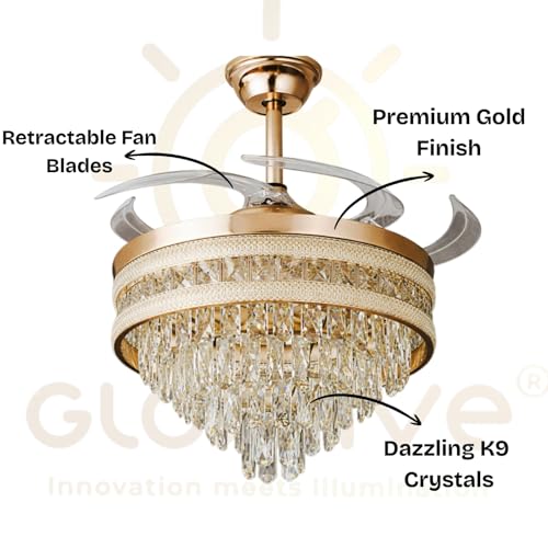 Image of Glowave 52 Inch Black Gold Crystal Chandelier Fan 3 Colors Light Speed Setting 6 Fan Blades Remote Control Ceiling Fan for Kitchen, Cafes, Hotels, Dining, Bar (FI 7641)