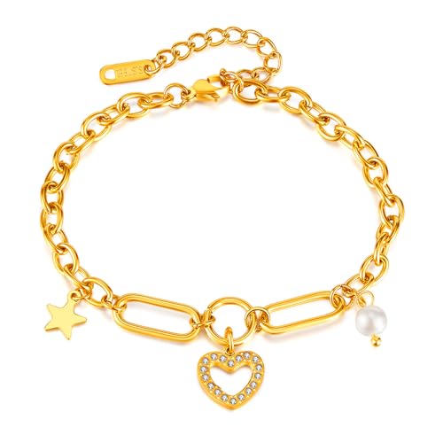 Fashion 18K Gold Plated Stainless Steel Heart Star Charm Adjustab...