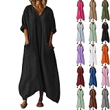 Womens Cotton Linen Maxi Dresses Casual 3/4 Sleeve V Neck Loose Long Kaftan Dress with Pockets Summer Flowy Sundress Linen Cotton Dresses for Women Spring midi Black XXL