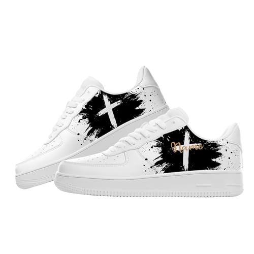 Personalized Customize Your Own Shoes, Cool Jesus Cross Print with Name Custom Casual Comfortable Everyday Walking Shoes for Women Men, White Fashion Sneakers to Wear with Dresses
