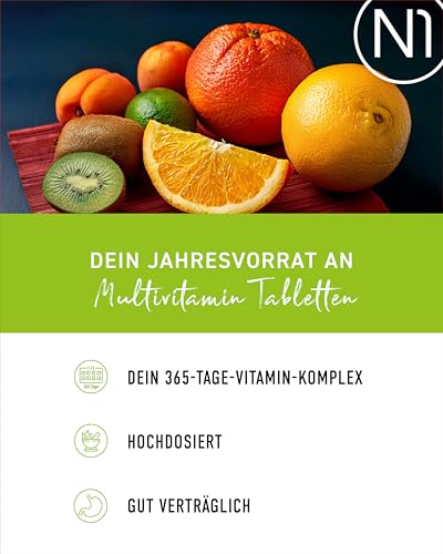 N1 Multivitamin Tabletten hochdosiert - Alle Vitamine + Mineralien - 365 Tabl. Jahresvorrat - vegetarisch - Nahrungsergänzungsmittel