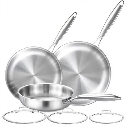 DELARLOCHEF Combinazione di 3 Padelle Trilamina con 3 Coperchi - Cottura Rapida ed Uniforme - Padelle ad Induzione Economiche in Energia