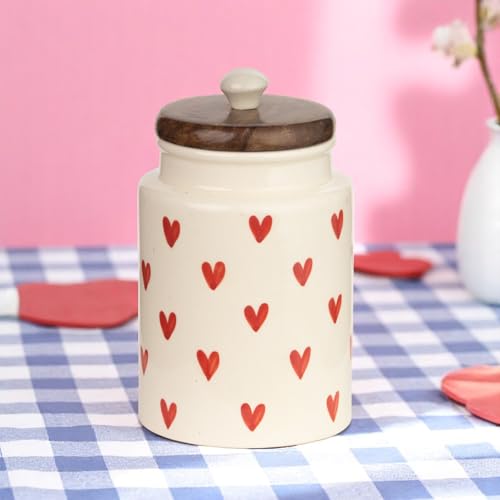 Image of Airtight Ceramic Jars (Pack of 2) - 900ml Each - Wooden Lid - Kitchen Containers for Sugar, Tea, Salt, Pickles, Pulses & More (Red Heart)