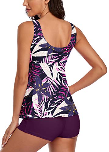 Omichic Tankini Swimsuits For Women Two Piece Bathing Suits Tribal Lesves Tank Top With Boyshorts Tummy Control Swimming Purple Small #TOP1