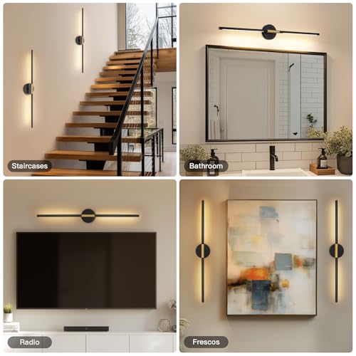 Image of Battery Operated Wall Sconces Set of Two 360 Rotate Wireless Rechargeable Light Dimmable with Remote - Black Gold Modern Sconces Cordless Wall Decor for Home Bedroom Timer 31.5 Inch