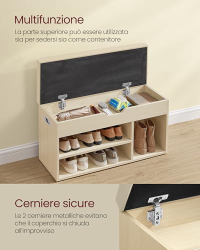VASAGLE Scarpiera Panca Ingresso, Panca Contenitore con Cuscino Imbottito, 3 Scomparti, Ripiani, Soggiorno Corridoio Camera da Letto, Portata 136 kg, Beige Naturale LHS030K02 - Immagine 3