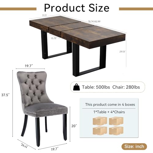 Image of Rustic Brown Dining Room Table Set for 4, 5-Piece 63 inch-78.74 inch Extendable Dining Table Set with 4 Upholstered Chairs, Rectangle Wooden Expanding Kitchen Table and Grey Chairs Set