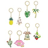 VICASKY 8 Pcs Handtasche Schlüsselring Strass Charme Anhänger Tropical Ananas Kaktus Palm Blätter Mund Baum Jingle Glocke Schlüsselbund Tasche Auto Dekoration