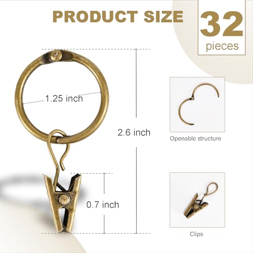 32 PCS Curtain Rings with Clips, Openable Drapery Metal Clip Rings for Hanging Drapes Decorative Fit Up to 1-inch Windows Rods (1 1/4“ Inner Diameter) - Thumbnail 2
