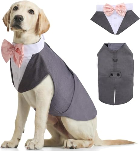Kuoser Abito Smoking per Cani, Set Vestito Bandana Collare Cani per Matrimoni Cani Smoking Elegante con Papillon, Formale Vestito Cani Partito, Rimovibile Cravatta Cane e Vestito