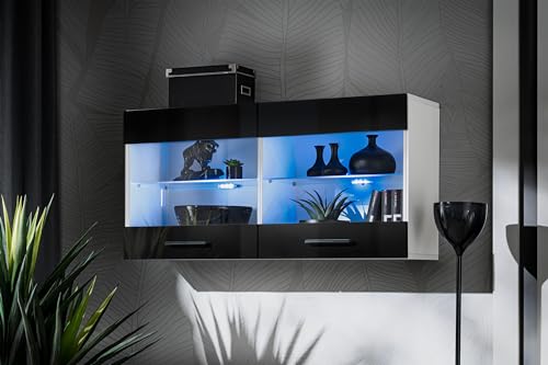 Komodee, Vitrine Schrank Savona, Breite 100cm x Höhe 50cm x Tiefe 30cm, 2 Glasböden, 2 Türen, für Wohnzimmer, Küche