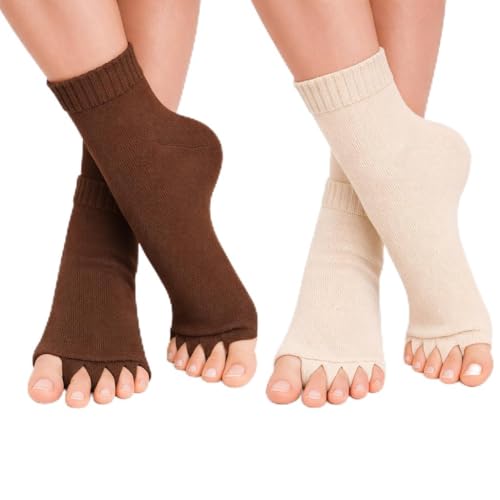 Image of Foot Alignment Orthopedic Cotton Socks for Men & Women | Five Toe Separator | Foot Pain Relief | Bunion Corrector | Plantar Fasciitis Support |Free Size | Brwon-Beige | 2 Pair | UK8-11