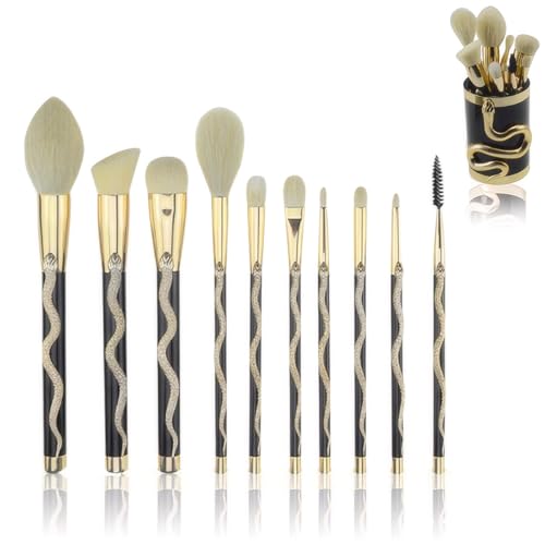 Juego de 10 brochas de maquillaje de serpiente con soporte acrílico, cerdas sintéticas veganas suaves, asas antideslizantes, perfectas para mezclar, contornear, sombra de ojos y lápiz labial, kit de