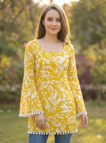 Image of Women's Premium Viscose Rayon Floral Printed Short Kurti | Stylish Bell Sleeves with Pom-Pom Lace | Teal Blue Tunic Top for Jeans & Office Wear