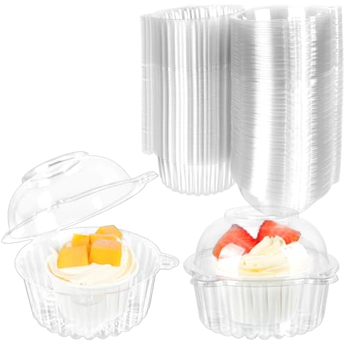Sanbege 150 Pcs Cupcake Holders with Dome Lids, Stackable Individual Plastic Muffin Containers, Cute Dessert Boxes Disposable for Bake Sale, Party Favor Cake, Fruit, Salad, Cocoa Bombs (Clear)