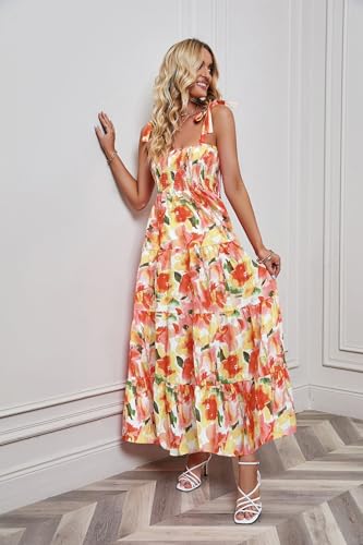 Image of kinstell Women's Summer Boho Spaghetti Strap Square Neck Ruffle Casual Flowy Long Dress Beach Swing Party Maxi Dress