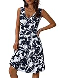 HUHOT Womens Sleeveless V Neck Dress with Pocket Summer Beach Midi Flared Tank Dress