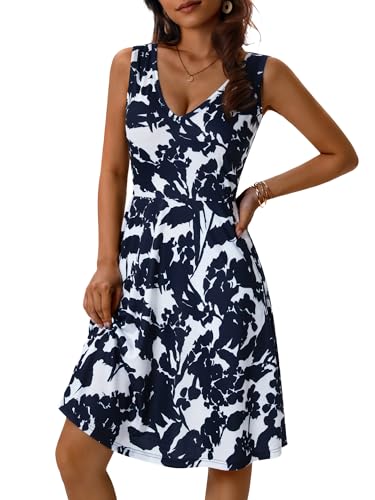 HUHOT Womens Sleeveless V Neck Dress with Pocket Summer Beach Midi Flared Tank Dress