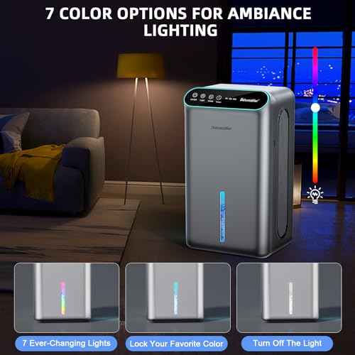 Image of Dehumidifiers for Home, Up to 800 Sq.ft, 86oz Water Tank, LOMMOL Dehumidifier for Bedroom with Essential Oil Diffuser, 7 Color LED Light, 24H Timer, Auto Shut-off, Ideal for Bathroom RV, Space Grey, 1