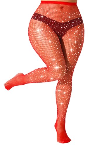 lmotpe 3XL 4XL Plus Size Red Fishnet Stockings For Women Sparkly Tights Rhinestone Fishnets Party Concert Stockings
