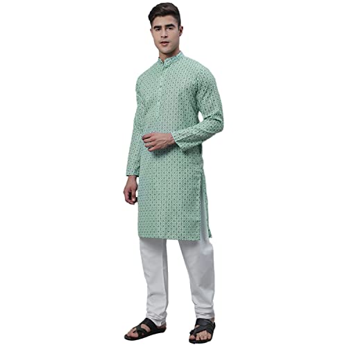 Image of SOJANYA (Since 1958 Men's Cotton Linen Blue Foil Printed Kurta and White Pyjama Set