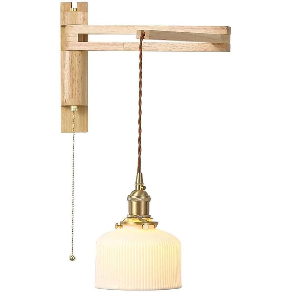 YYingYYue Mid Century Swing Arm Bedside Wall Sconce with Pull Switch Minimalist Wood Bedroom Wall Light Modern White Glass Study Room Reading Wall Mounted Lamp