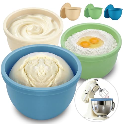 Image of GuanQiao Silicone Bowl Liners for 5 Qt KitchenAid Mixers, 3 Liners with Lids, Blue /Beige /Green
