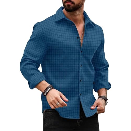 Image of DEELMO Men's Regular Fit Button Down Dress Shirts Textured Long Sleeve Casual Hawaiian Shirt