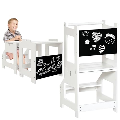 HOMCOM Torre de Aprendizaje 2 en 1 Taburete de Aprendizaje para Niños de +3 Años Convertible en Escritorio con Pizarra y Barra de Seguridad 42x44x86 cm Gris