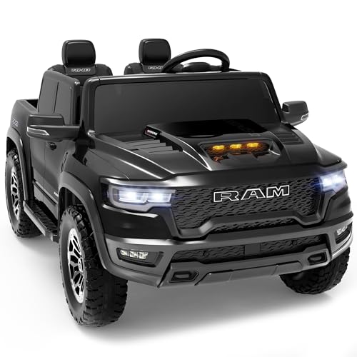 24V Ride on Toys for Big Kids, Licensed RAM 1500 RHO Electric Car for Kids w/Remote Control, Ride on Truck w/Bluetooth, LED Lights, Truck Bed Storage, Gear Shifter & Soft Start (Black)