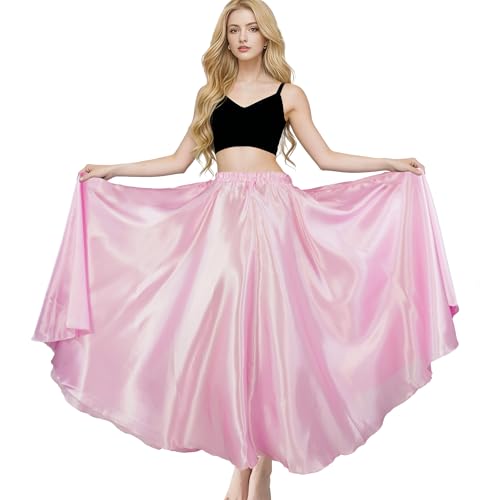 MUNAFIE Damen Lang Satin Rock Bauchtanz Rock Tanzrock Bauchtanz Kostüm für Leistung Karneval Hell Rosa