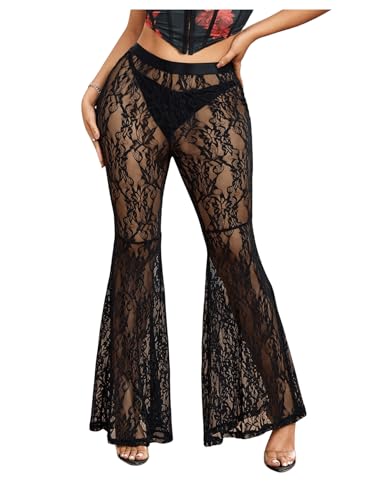 SweatyRocks Women's Sheer Lace Flare Pants High Waisted Flowy Party Bell Bottoms Trousers