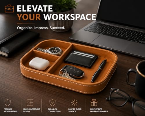 Image of Valet Tray Organizer, Premium Vegan Leather, Multi-Compartment Design, Versatile Desk & Dresser Tray, Tan, 10 x 8 x 1.5 in