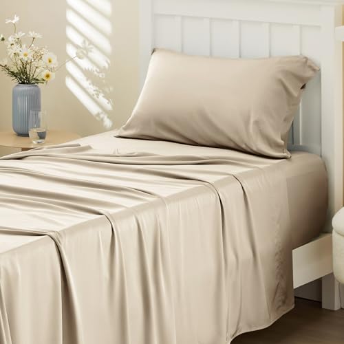 Image of Bedsure Cooling Sheets Twin, Rayon Derived from Bamboo, PureWoven, Breathable & Soft, Deep Pocket Up to 16 Inches, Hotel Luxury Silky Bedding for Hot Sleepers, Beige